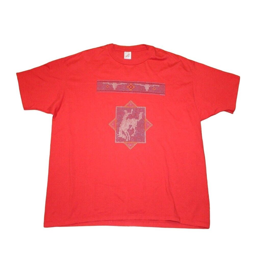 Vtg 90s Red Jerzees T-shirt Top XXL Beaded Bling Southwestern Rodeo Bronco Steer
